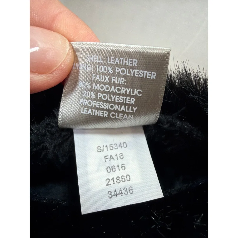 Charter Club Gloves Women Large Black Leather Faux Fur Trim Winter RN17541